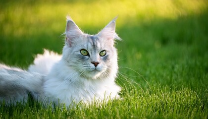 Happy White-Grey Maine Coon Cat on Green Grass
