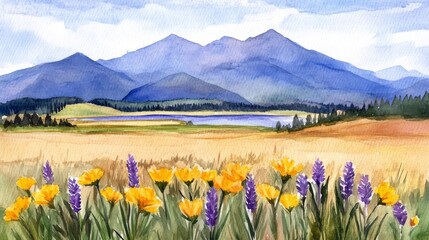Fototapeta premium Watercolor landscape fields, wildflowers, lake, and mountains in soft, natural hues