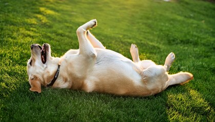 Happy Labrador on Back in Green Grass