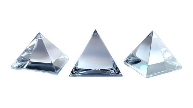 Pack of Glass Pyramid set of Three Different Poses set Against Transparent Background for Decorative Design, Home Styling, or Architectural Projects