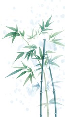 Watercolor Bamboo Stalks with Green Leaves Against White Background A Botanical Illustration
