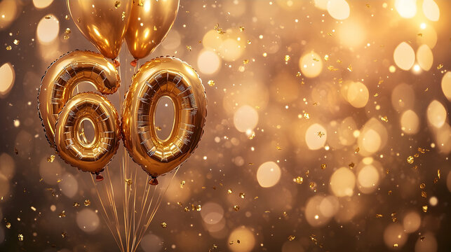 Golden 60th birthday balloons, confetti, bokeh