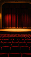 Empty Theater Stage with Red Curtains