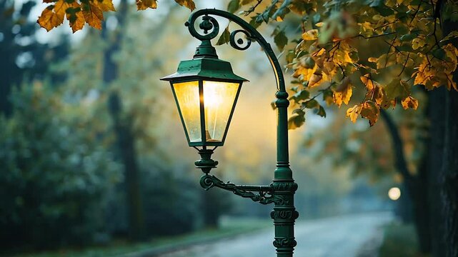Autumnal park path with glowing ornate lamppost