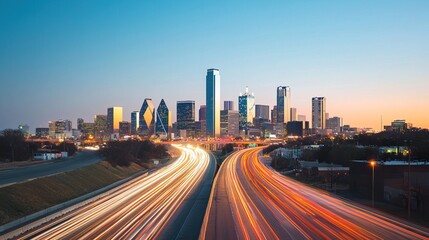 Fototapeta premium Time-Lapse of a City Skyline at Night with Light Trails - A dynamic urban photography concept showing movement. 