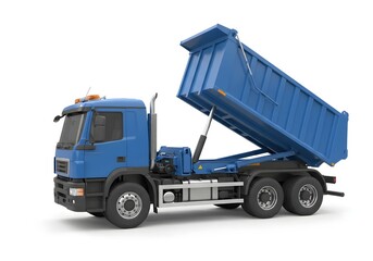 Side View 3D Illustration of Blue Dump Truck with Hydraulic Lift for Bulk Material Transport white background 