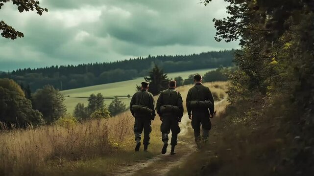 Three postmen walking along a grassy pathway delivering mail through scenic countryside
