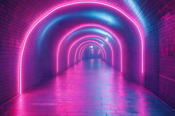 Futuristic Neon Tunnel with Vibrant Pink and Purple Glow for Modern Design Concepts