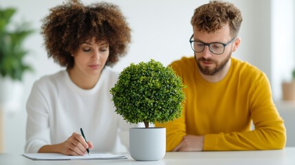 Young Diverse Couple Engaged in Thoughtful Discussion with Indoor Plant Decoration