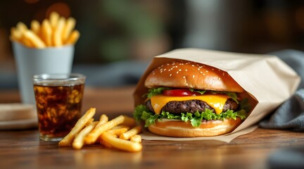 Juicy Cheeseburger with Crispy Fries and Cola Fast Food Delight