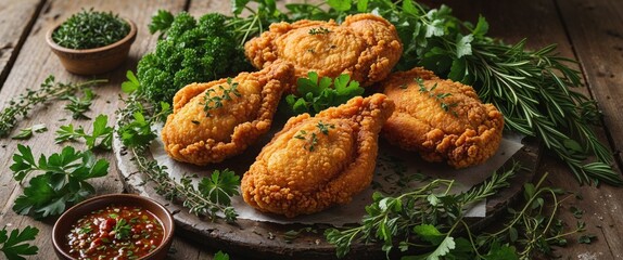 Crispy Golden Fried Chicken Breasts Served on a Rustic Wooden Table with Fresh Herbs and a Tasty Homemade Finish for a Delicious Meal Experience.