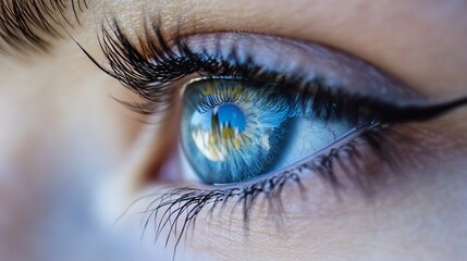 Close up of a blue eye with long eyelashes and a reflection of buildings in the pupil of the eye