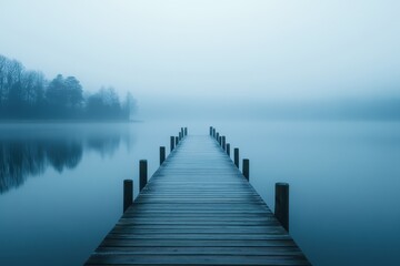 Obraz premium Misty Lake Dock Path. Calm tranquil scene