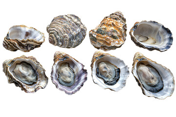  Beautiful natural oyster shells arranged in collection on transparent background, perfect for pearl jewelry design and luxury accessory branding 