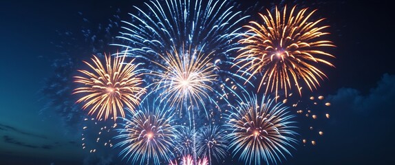 Bright and colorful fireworks display exploding high in the night sky.