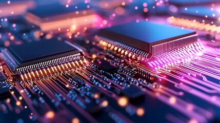 Obraz premium Intricate circuit board with glowing chipset