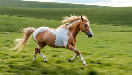brown and white horse running in a field