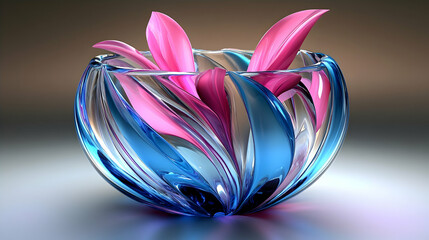 Fototapeta premium Pink flowers in blue glass bowl; studio shot