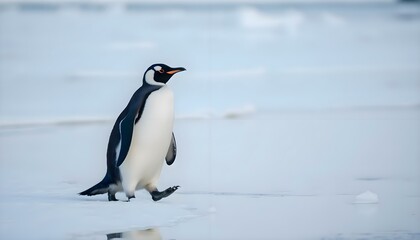 penguin walking across a snow covered ground