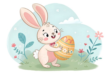A cute Easter bunny with large ears holding a decorated egg in its paws, smiling sweetly. The bunny is styled in a joyful, playful pose with a soft pastel color palette, ideal for children’s content, 