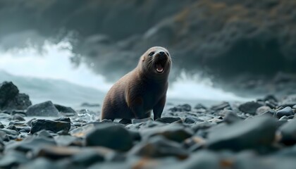 Naklejka premium brown animal standing on top of a rocky beach