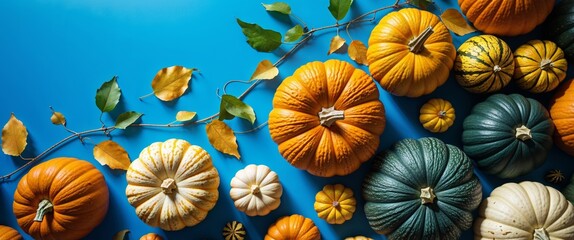 Fototapeta premium Colorful Pumpkins and Squashes on Blue Background