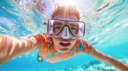 Fototapeta premium Boy snorkeling selfie, ocean, sunlight, coral