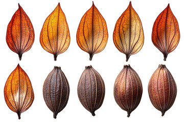  Diverse maple seed pod collection with varying shapes on transparent background, perfect for natural inspiration in aerodynamic engineering and design 
