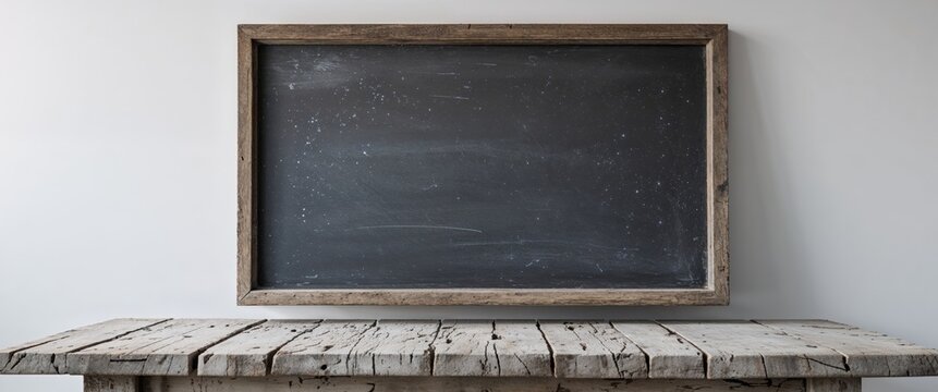 Wooden framed chalkboard resting on a rustic wooden table with visible scratches and marks