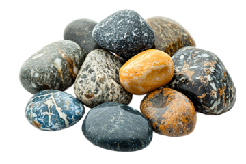  Smooth beach pebbles collection with various shapes and colors on transparent background, perfect for coastal decor and beach house interior design 