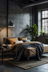 A bedroom with a bed, a lamp, and a plant