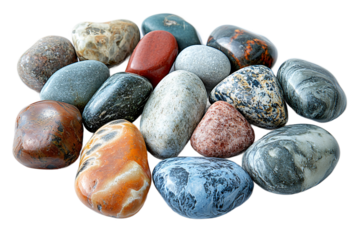  Assorted smooth beach pebbles with natural variation on transparent background, perfect for luxury spa branding and premium wellness centers 