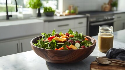A bowl of salad with a jar of dressing on a counter