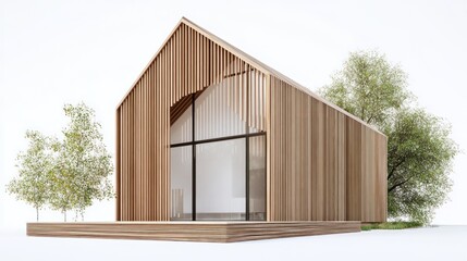 Modern wooden house exterior, tranquil setting, ideal for a real estate ad