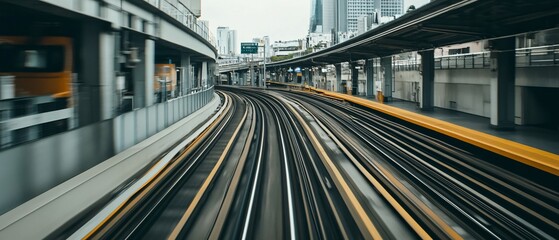 Elevated train tracks curve through a city with buildings on either side.
