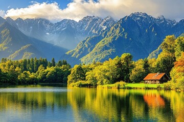 Beautiful Lake Strbske Pleso in High Tatra National Park, Slovakia, surrounded by majestic mountains