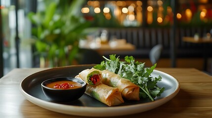 A plate of food with three pieces of food and a sauce