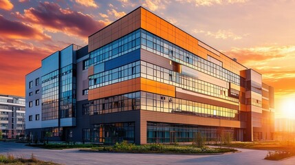 Contemporary Hospital Architecture Silhouetted Against the Sunset Sky