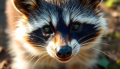 close up of a raccoon looking at the camera