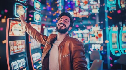 Obraz premium Man hitting the jackpot in a casino surrounded by money and slot machines