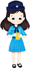Cute Thai Girl Scout Character in Watercolor Style