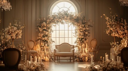 Obraz premium Elegant wedding ceremony floral arch indoors