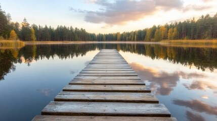 Calm autumn lake, wooden dock, sunrise, forest reflection, nature scene