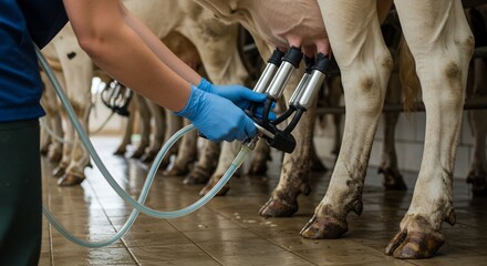 Dairy Farmer's Hands in Blue Gloves Attaching Milking Machine to Cow's Udder in Modern Dairy Farm
