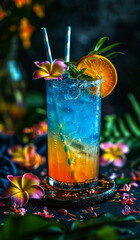 Tropical floral fruit drink. Brightly colored beverage in a glass garnished with fruit and flowers, set among tropical foliage and petals.