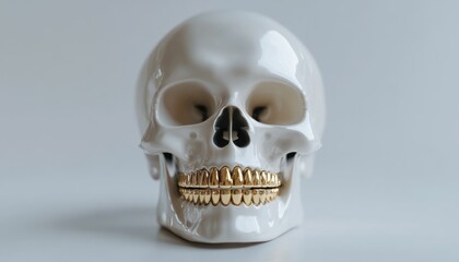 Obraz premium Modern Memento Mori: A White Skull Adorned with Gleaming Gold Grills Close-Up