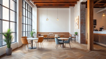 Modern industrial cafe interior with large windows