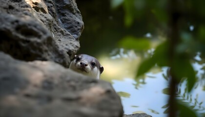 Obraz premium small animal standing on top of a rock next to a body of water
