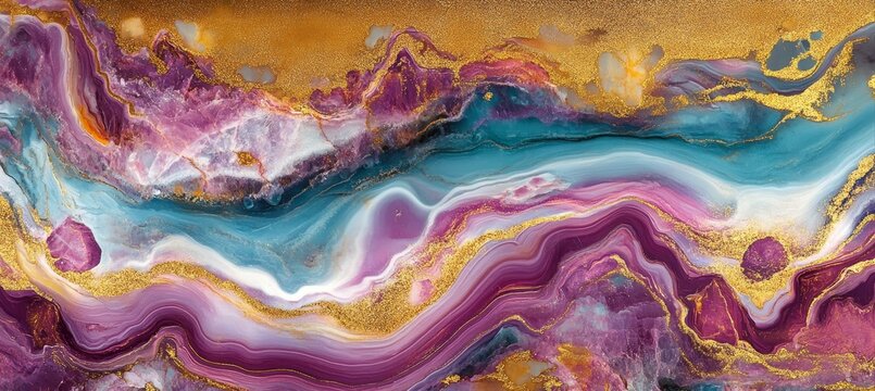 Luxury Pink, Purple and Gold Fluid Art, Abstract Marble Background with Natural Agate Texture