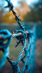 Obraz premium Rustic charm of barbed wire. Close-up of a weathered barbed wire fence surrounded by soft natural lighting during the late afternoon.